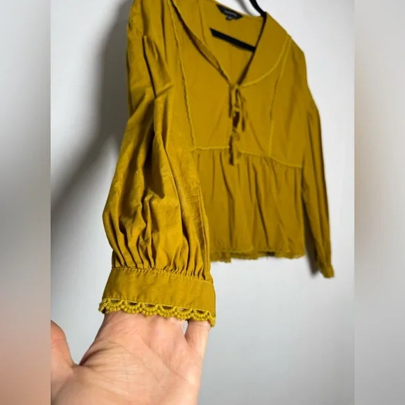 Calligraphie Boho Mustard Lace Trim Tie Front Blouse Size L - Picture 5 of 14
